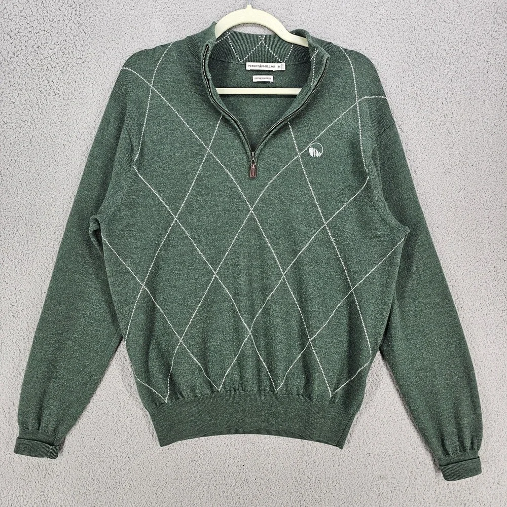 Peter Millar Sweater Mens Medium Green Argyle 1/4 Zip Merino Wool Golf Mock Neck